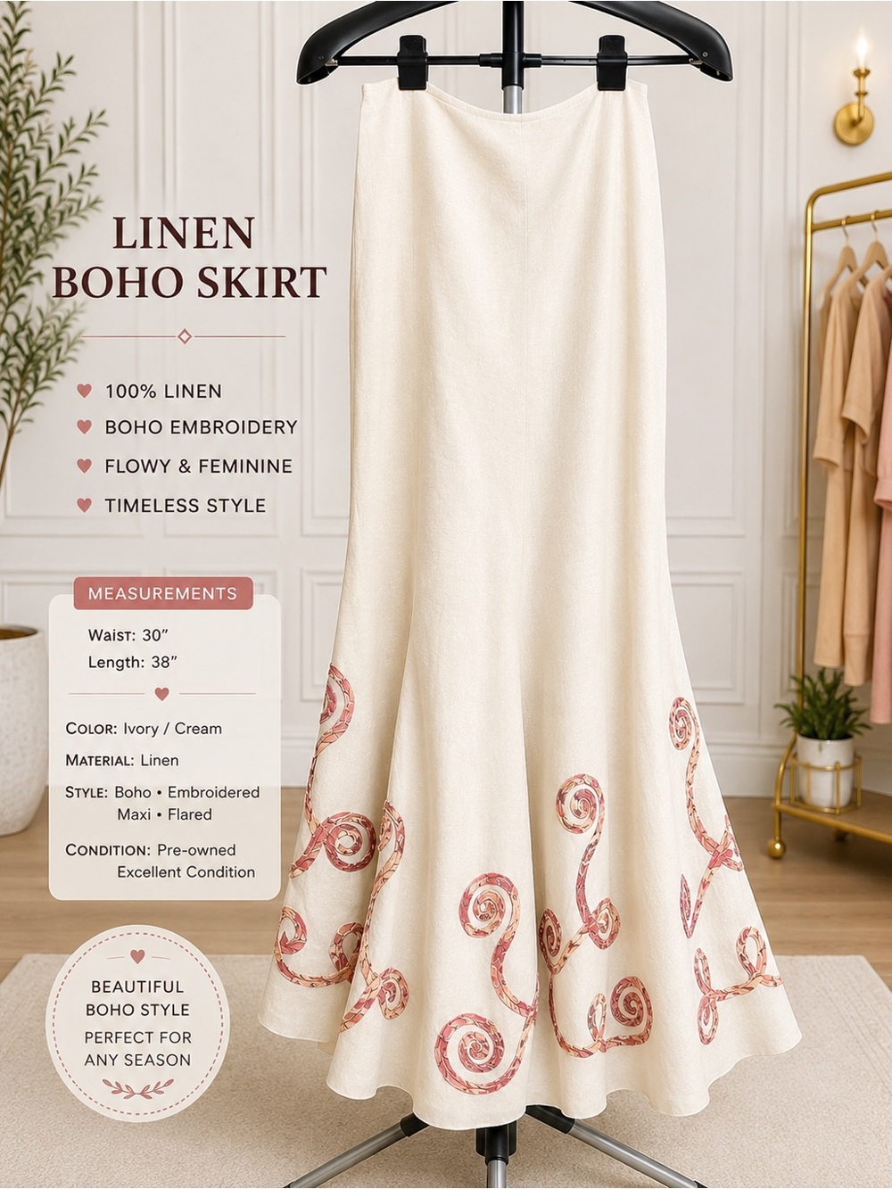 Ivory Linen Boho Embroidered Maxi Skirt Flowy A-Line Waist 30”